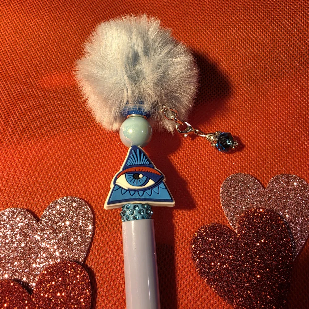 Blue Evil Eye Pen With Pom Pom And Dangling Charm